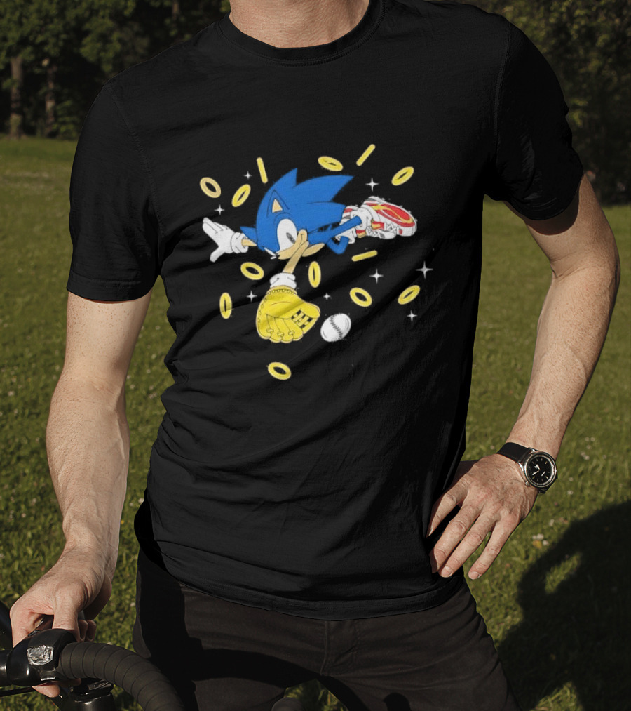 The Hedgehog Running Collecting Rings With Baseball Glove And Ball T-Shirt