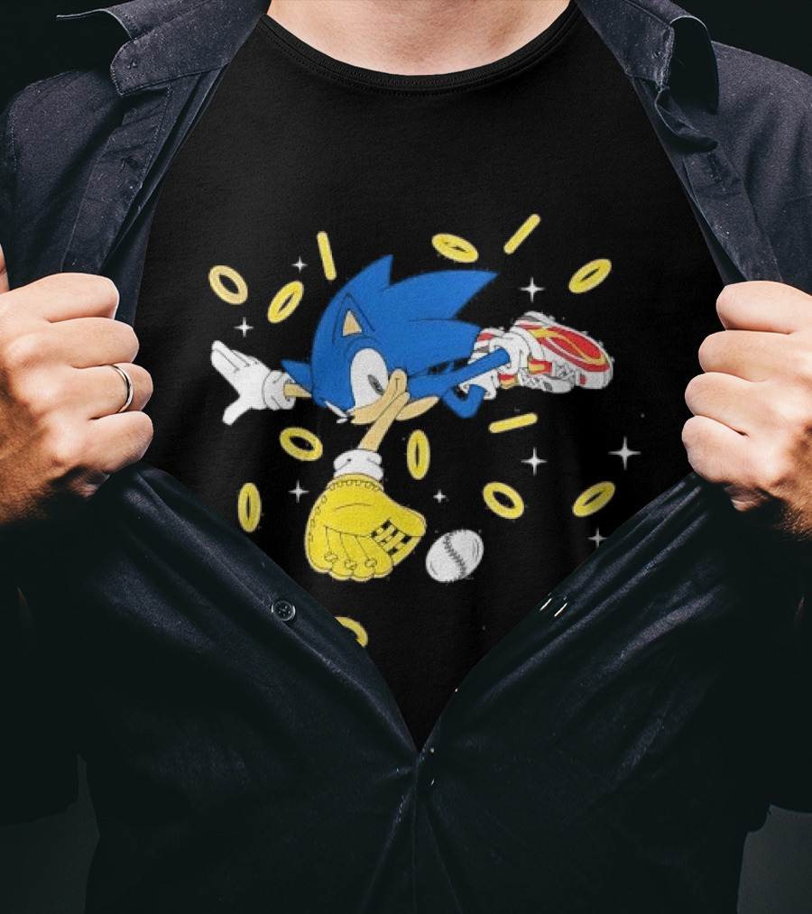 The Hedgehog Running Collecting Rings With Baseball Glove And Ball T-Shirt