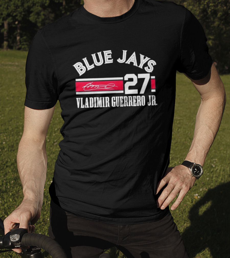 Blue Jays Vladimir Guerrero Jr 27 Red Stripe Signature Distressed T-Shirt