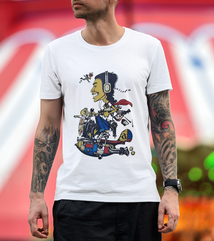 Cartoon Caricature Man With Headphones Riding Flying Rocket Airplane T-Shirt
