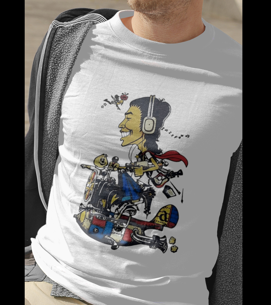 Cartoon Caricature Man With Headphones Riding Flying Rocket Airplane T-Shirt