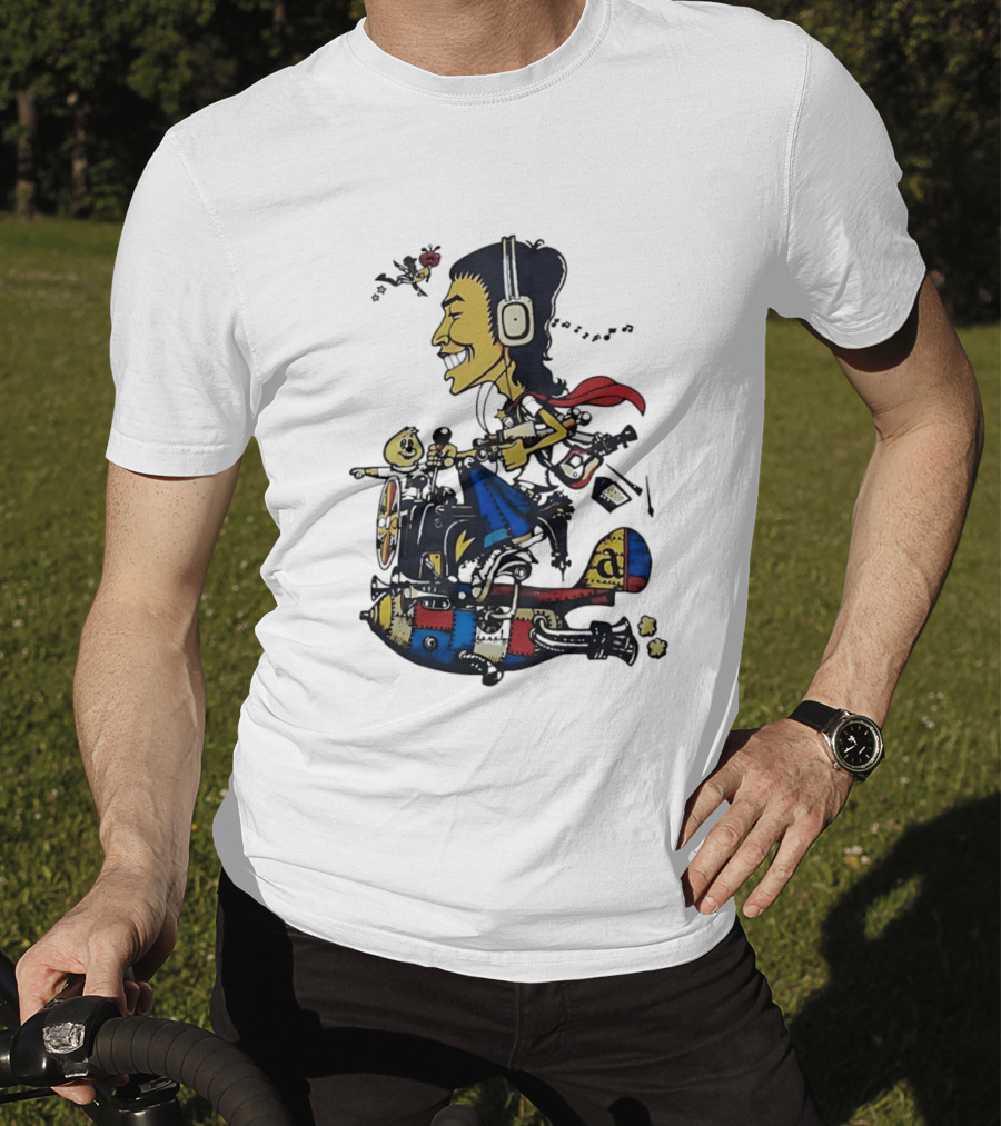 Cartoon Caricature Man With Headphones Riding Flying Rocket Airplane T-Shirt