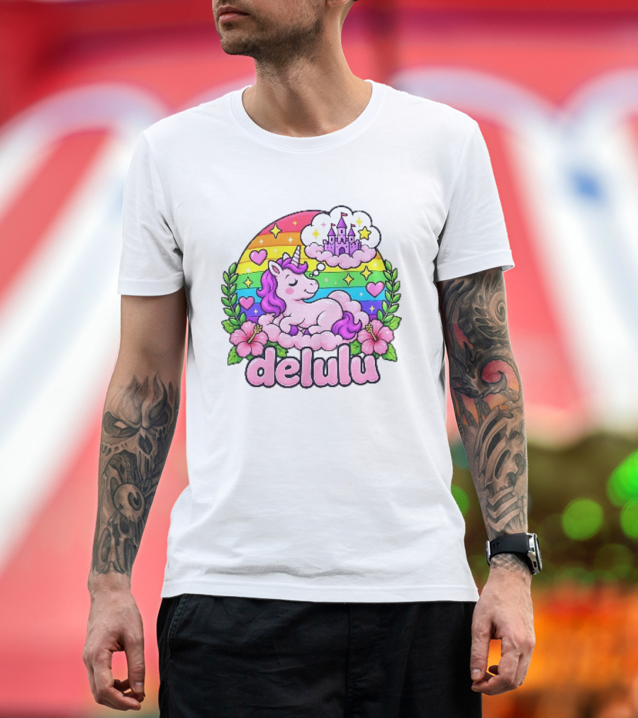 Delulu Unicorn Rainbow Castle Dreams With Colorful Heart Accents T-Shirt