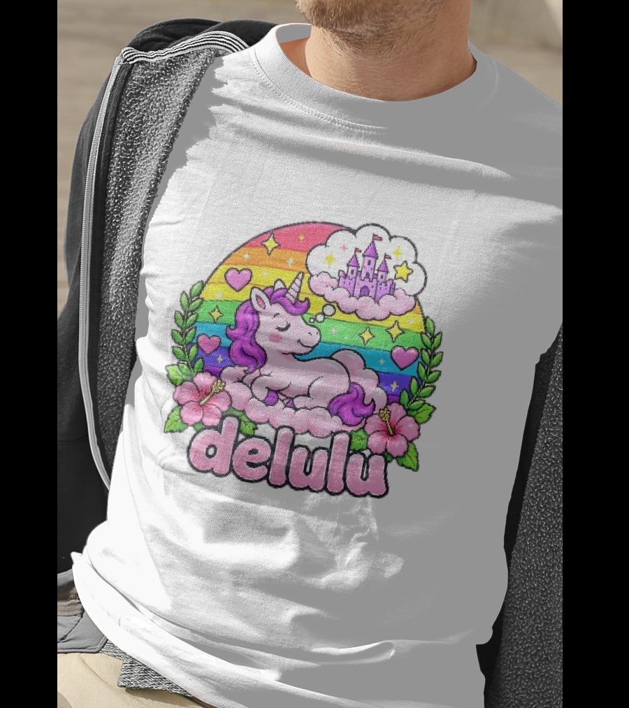 Delulu Unicorn Rainbow Castle Dreams With Colorful Heart Accents T-Shirt