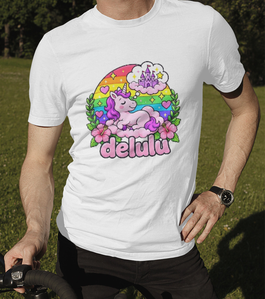 Delulu Unicorn Rainbow Castle Dreams With Colorful Heart Accents T-Shirt