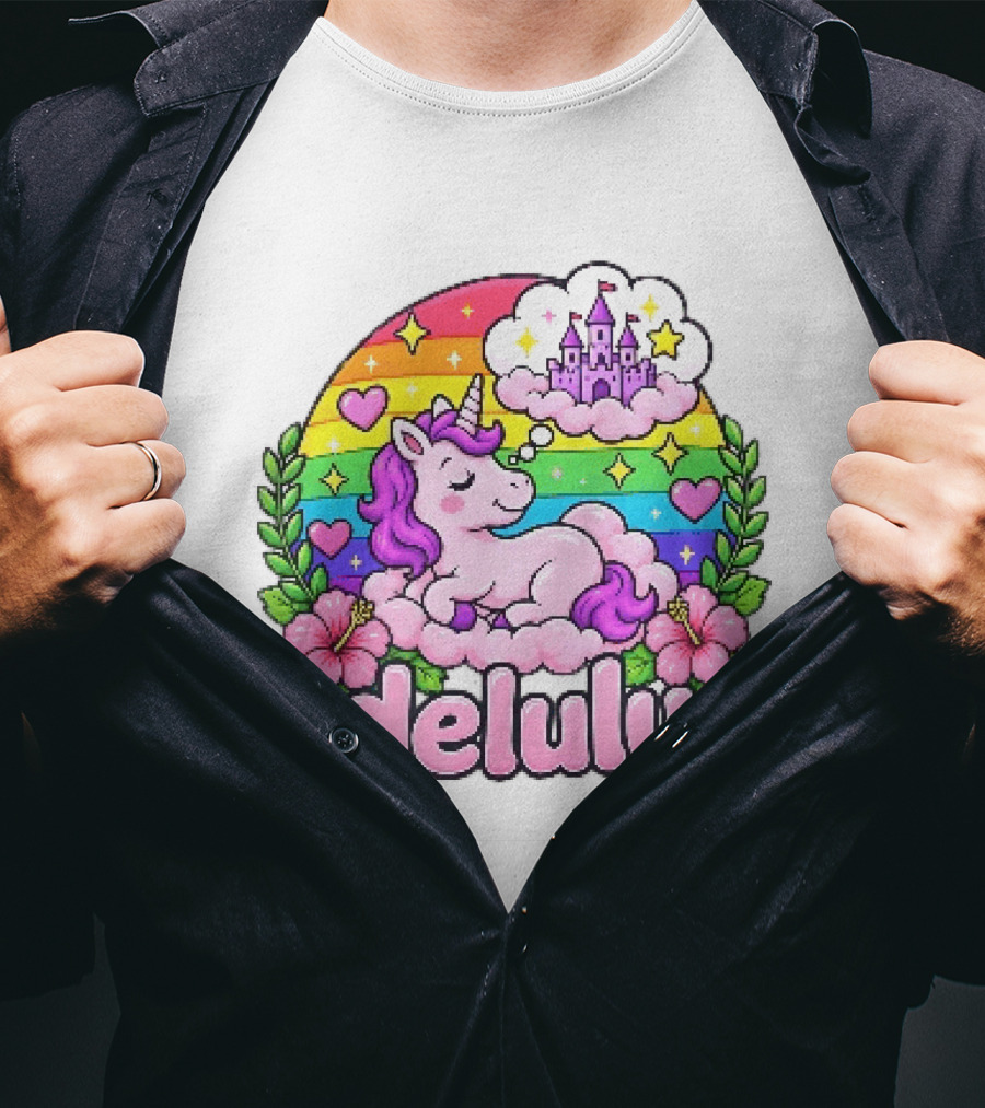 Delulu Unicorn Rainbow Castle Dreams With Colorful Heart Accents T-Shirt