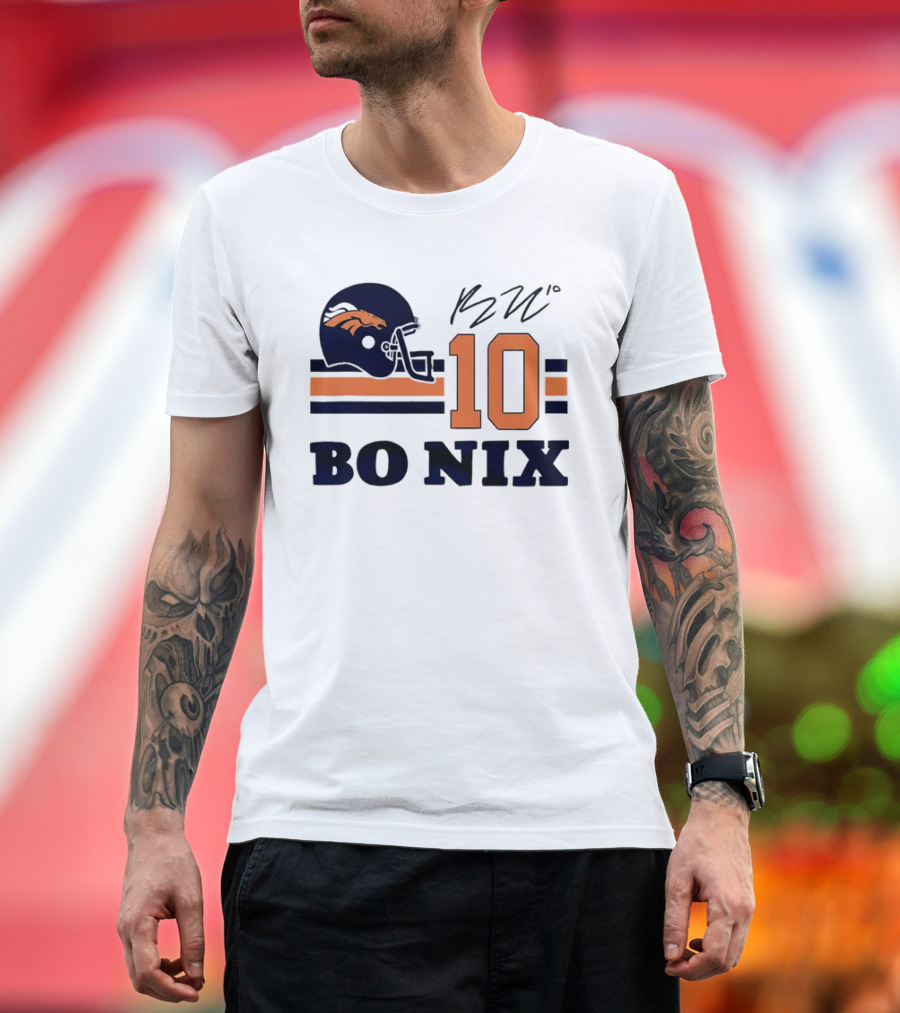 Denver Broncos Bo Nix 10 Football Helmet Horizontal Stripes T-Shirt