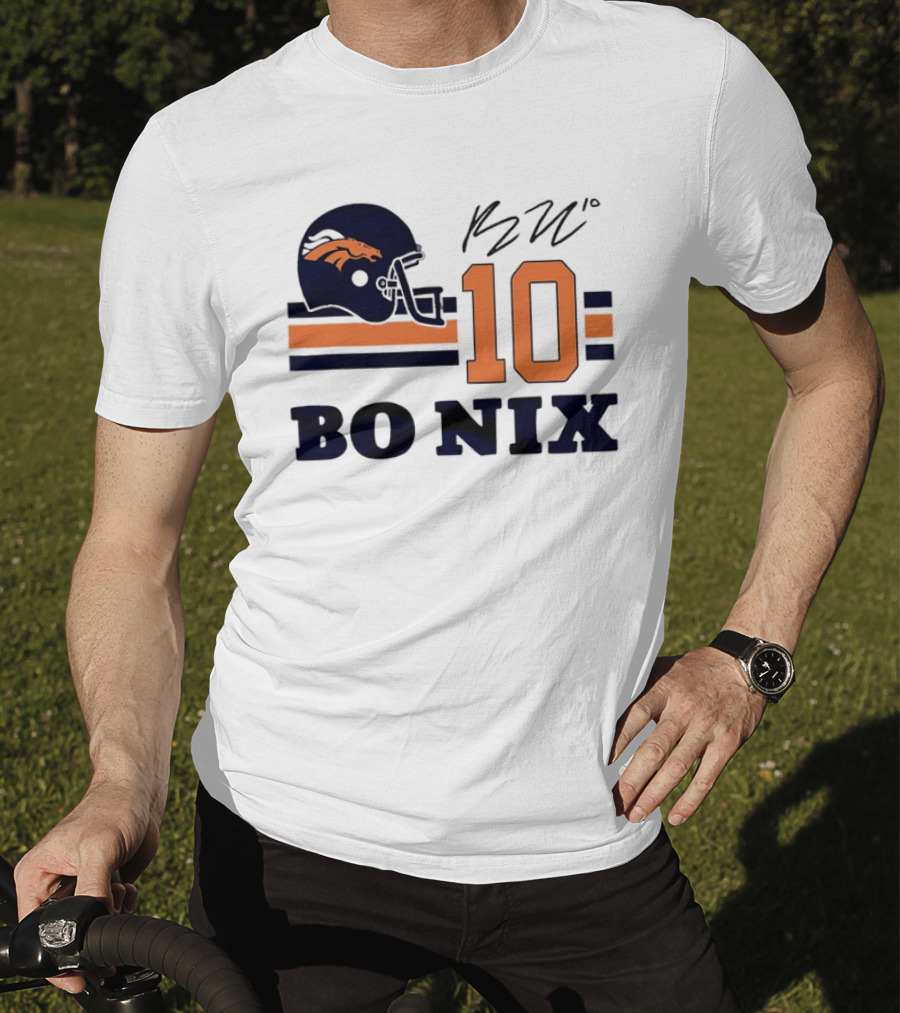 Denver Broncos Bo Nix 10 Football Helmet Horizontal Stripes T-Shirt