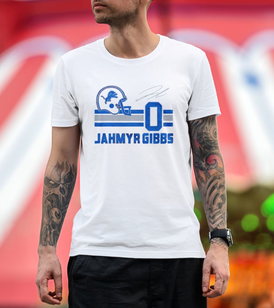 Detroit Lions Jahmyr Gibbs Zero Helmet Number Stripes Distressed T-Shirt