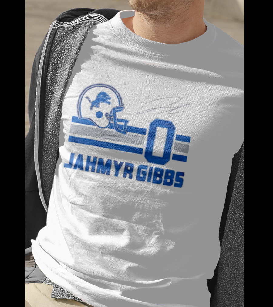 Detroit Lions Jahmyr Gibbs Zero Helmet Number Stripes Distressed T-Shirt
