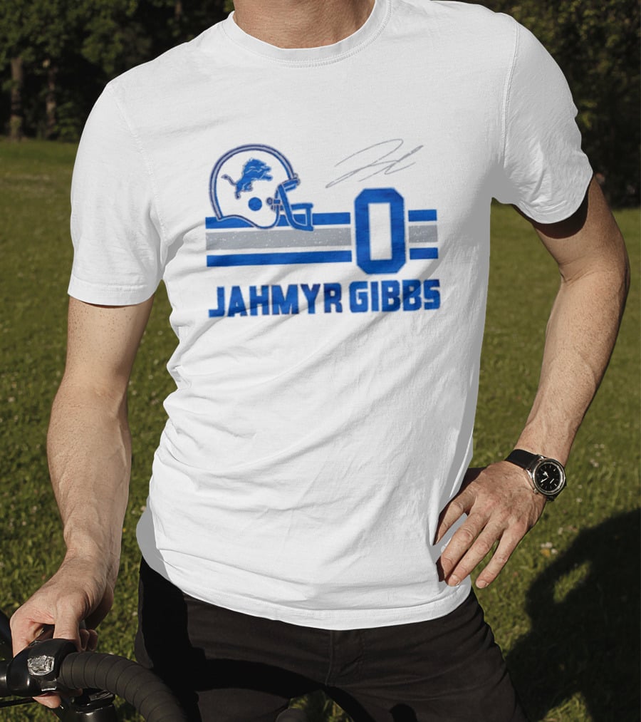 Detroit Lions Jahmyr Gibbs Zero Helmet Number Stripes Distressed T-Shirt