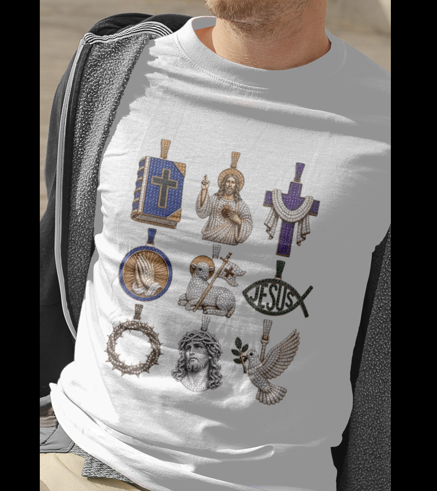 Jesus Cross Bible Lamb Fish Dove Crown Praying Hands Gemstone Pendants Collection T-Shirt