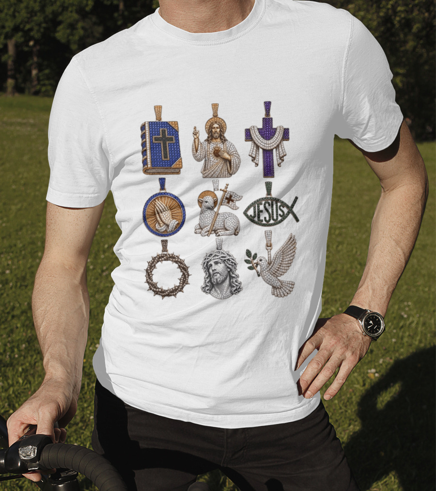 Jesus Cross Bible Lamb Fish Dove Crown Praying Hands Gemstone Pendants Collection T-Shirt