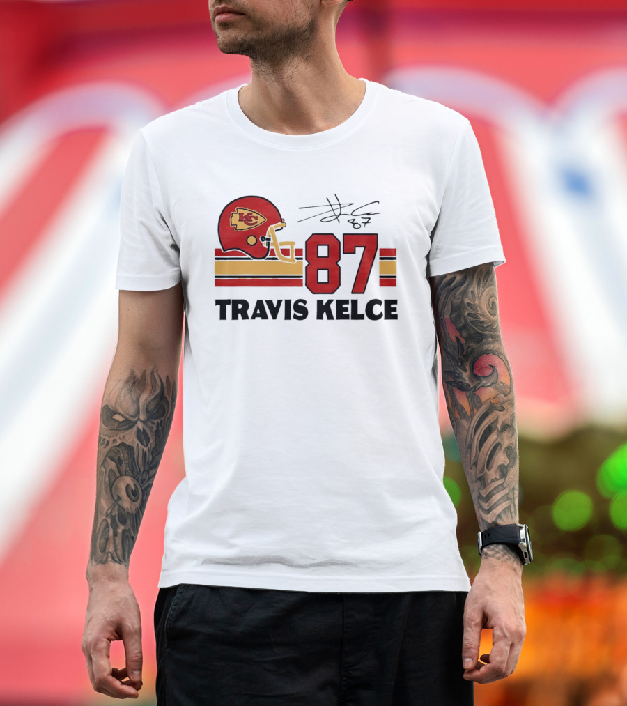 Kansas City Chiefs Travis Kelce 87 Red Gold Helmet Stripes T-Shirt