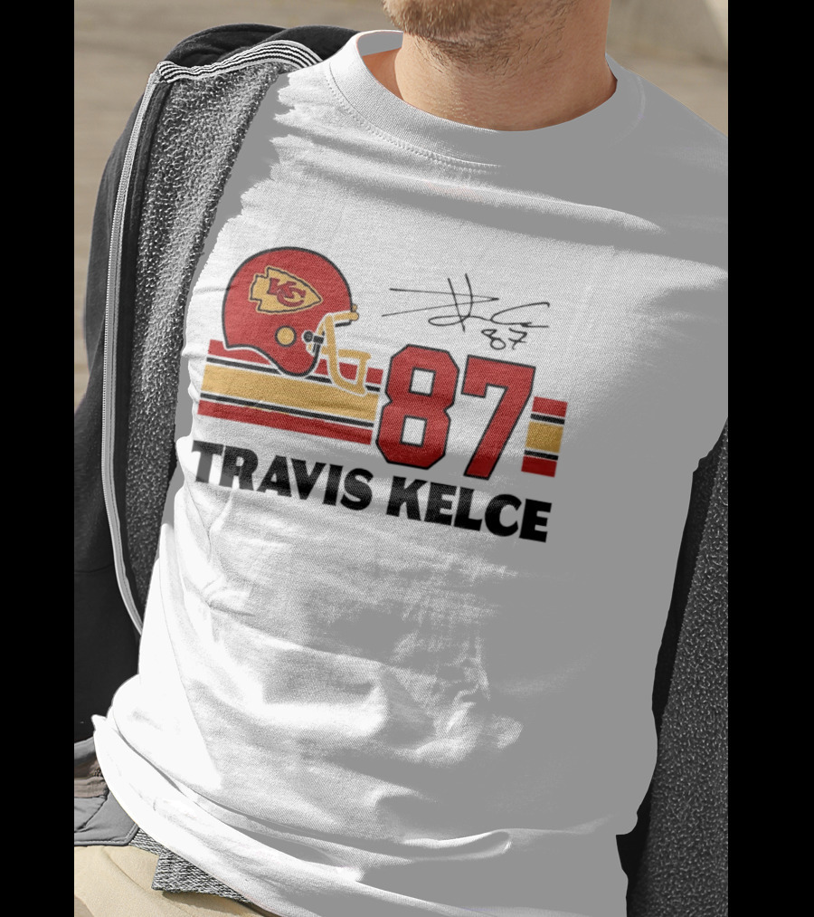 Kansas City Chiefs Travis Kelce 87 Red Gold Helmet Stripes T-Shirt