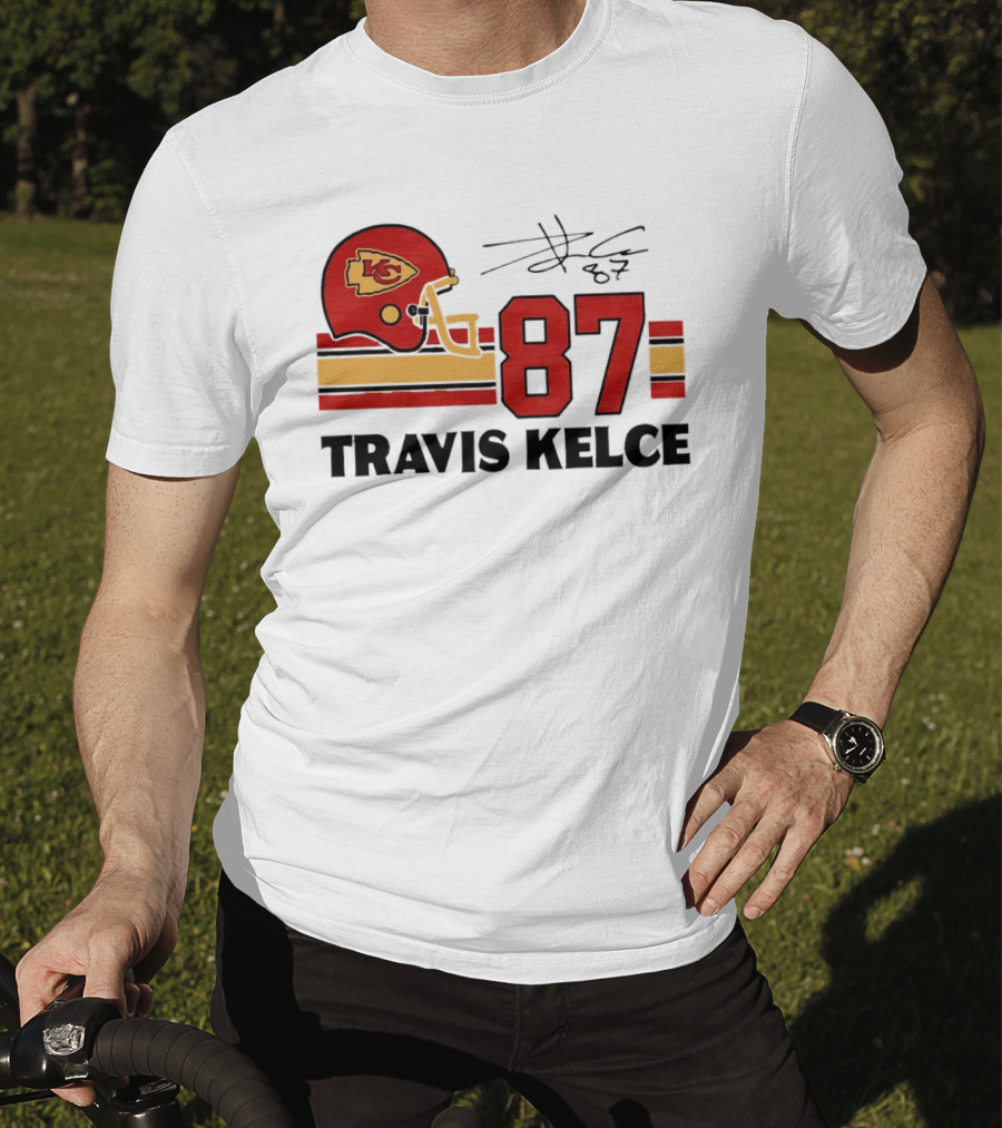 Kansas City Chiefs Travis Kelce 87 Red Gold Helmet Stripes T-Shirt
