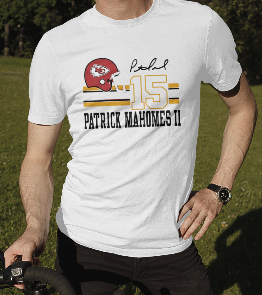 Kansas City Chiefs Patrick Mahomes II Number 15 Signature Football Helmet Stripes T-Shirt