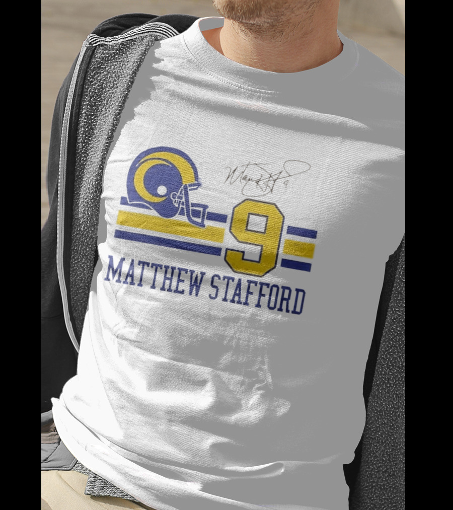 Los Angeles Rams Matthew Stafford Helmet Autograph Number 9 Blue Yellow Stripes T-Shirt
