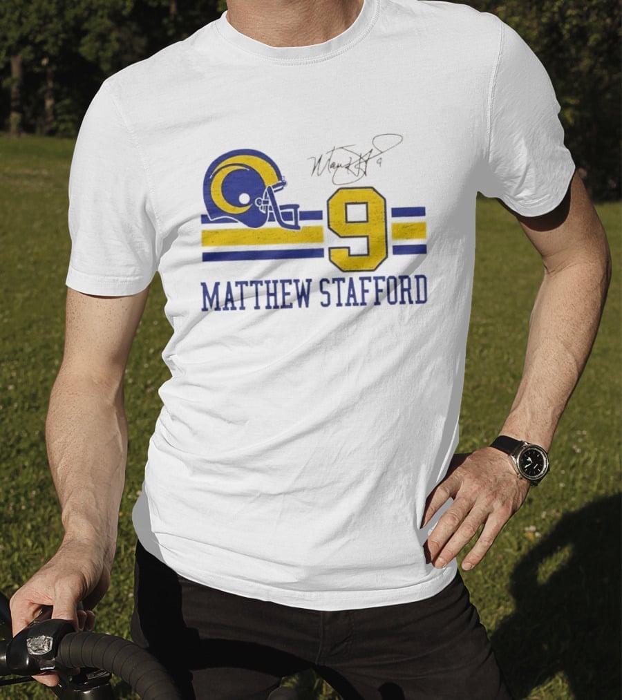 Los Angeles Rams Matthew Stafford Helmet Autograph Number 9 Blue Yellow Stripes T-Shirt