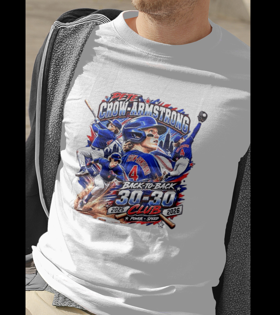 Pete Crow Armstrong Back To Back 30 30 Club 2025 2026 Power Speed Chicago Baseball Action Skyline T-Shirt