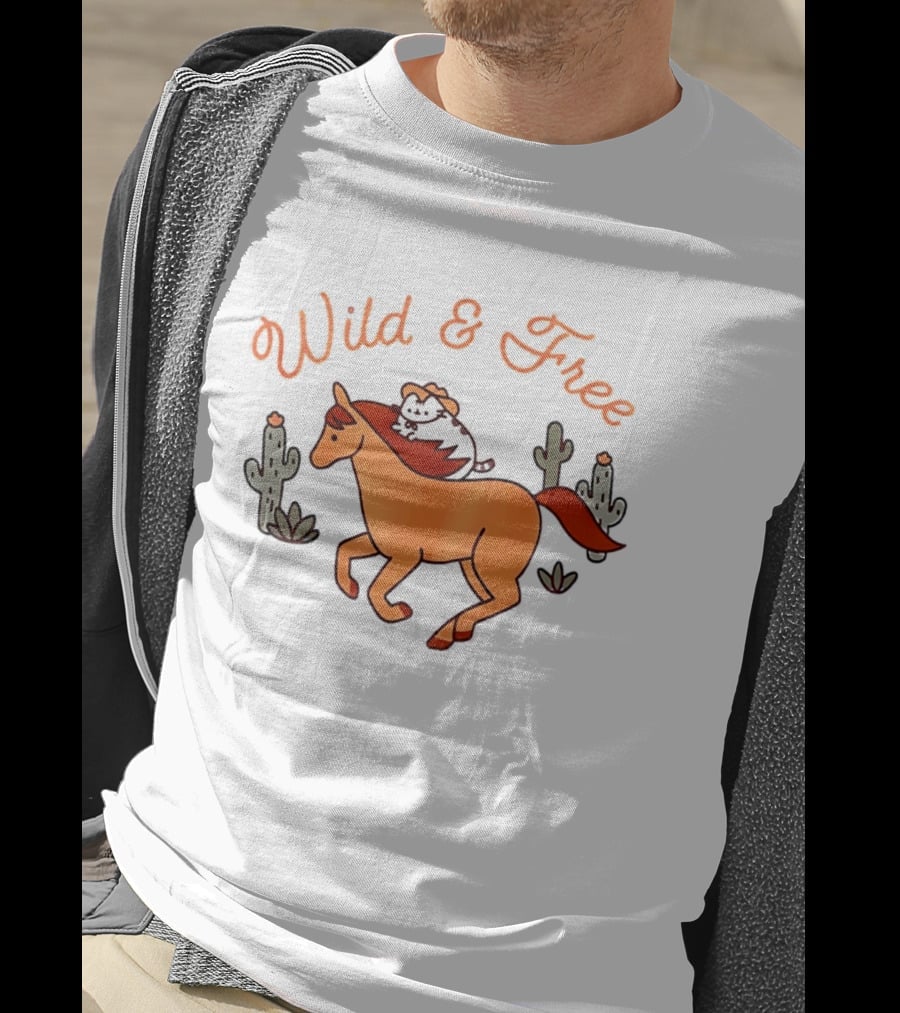 Wild And Free Cartoon Cowboy Cat Galloping Horse Cactus Scene T-Shirt