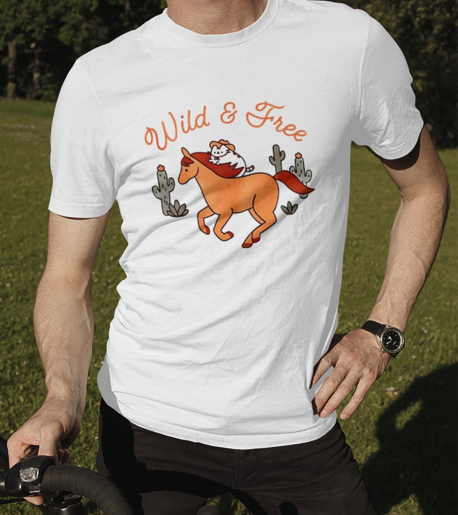 Wild And Free Cartoon Cowboy Cat Galloping Horse Cactus Scene T-Shirt
