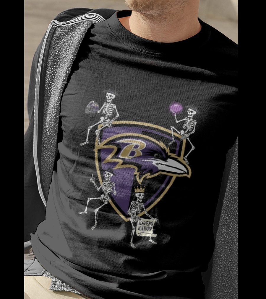 Baltimore Ravens Nation Skeletons Football Helmet Shield Ravens Logo Halloween T-Shirt