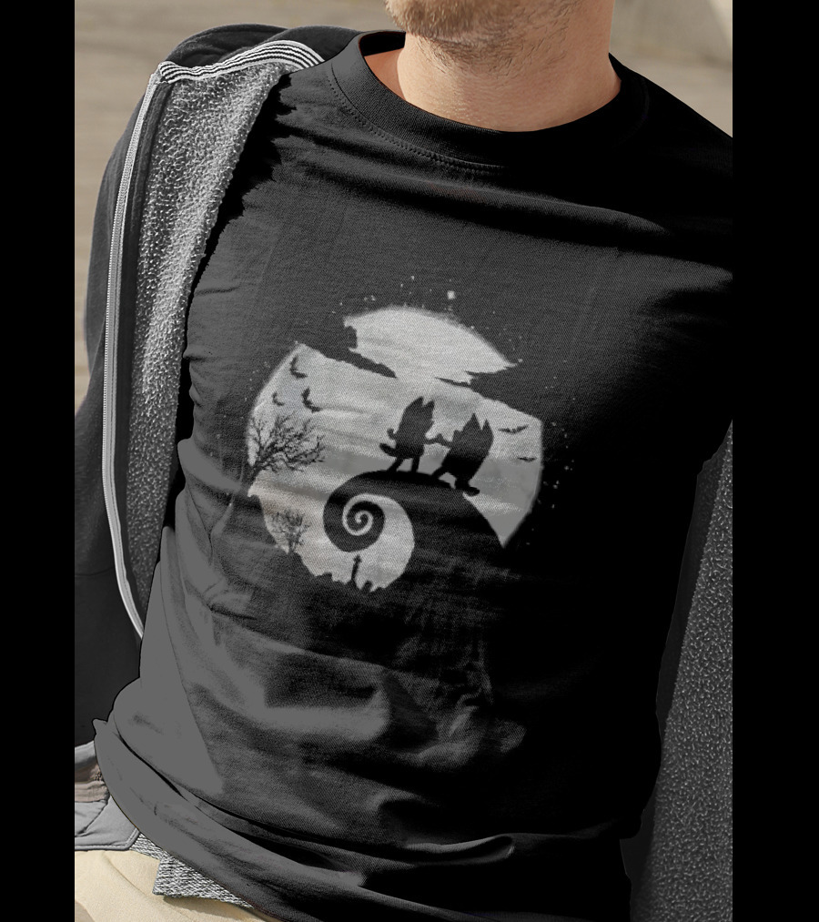 Bluey And Bingo Halloween Mashup With Iconic Moonlit Hill Scene T-Shirt