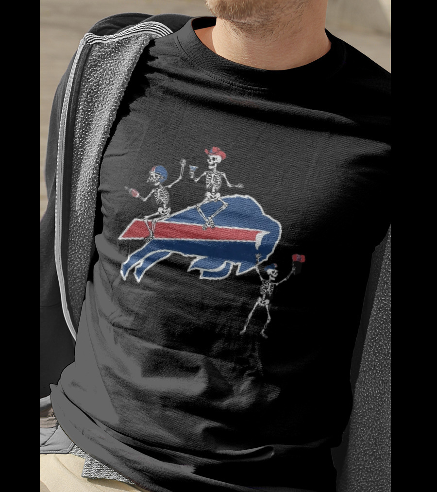 Buffalo Bills Skeletons Riding Logo With Cowboy Hats And Footballs T-Shirt