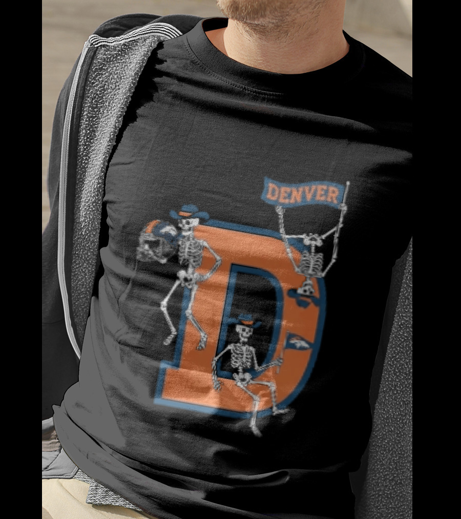 Denver Broncos Skeletons Cowboy Hats Big D Helmet Flag Orange T-Shirt