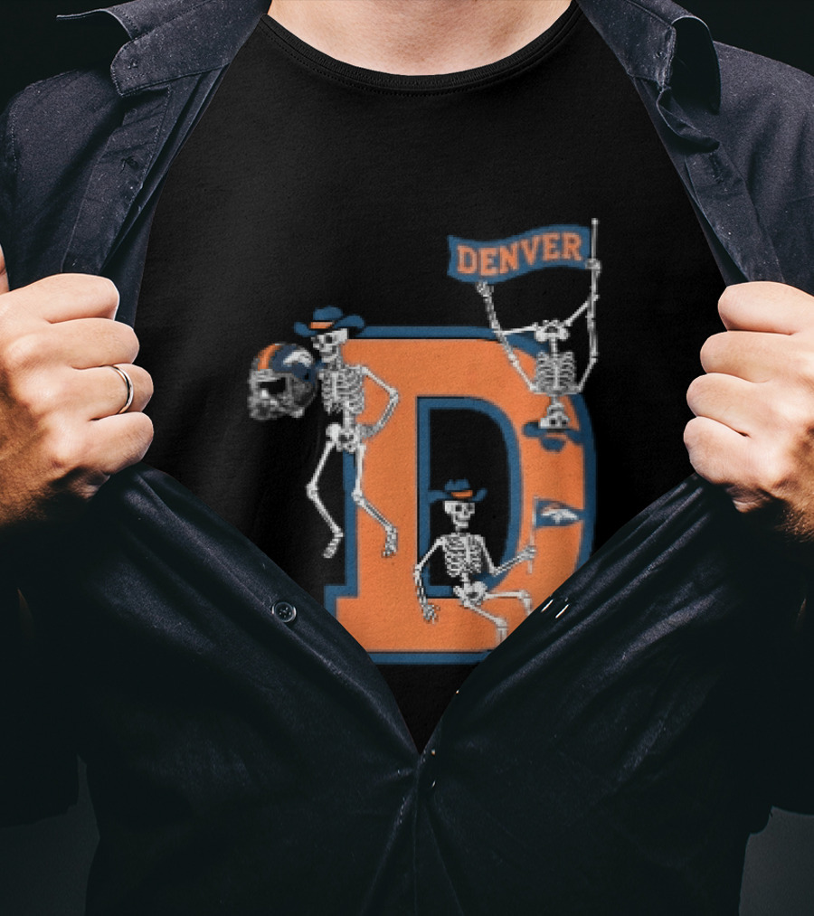 Denver Broncos Skeletons Cowboy Hats Big D Helmet Flag Orange T-Shirt