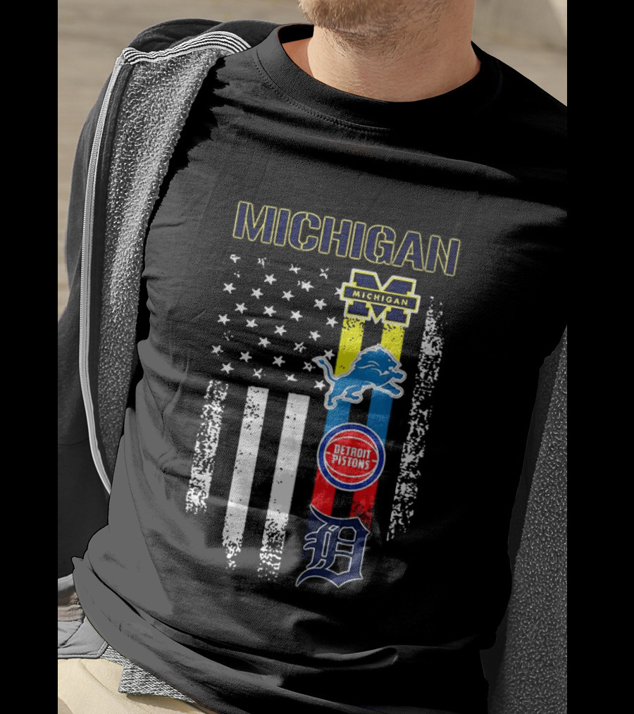 Michigan Wolverines Detroit Lions Pistons Tigers Flag T-Shirt