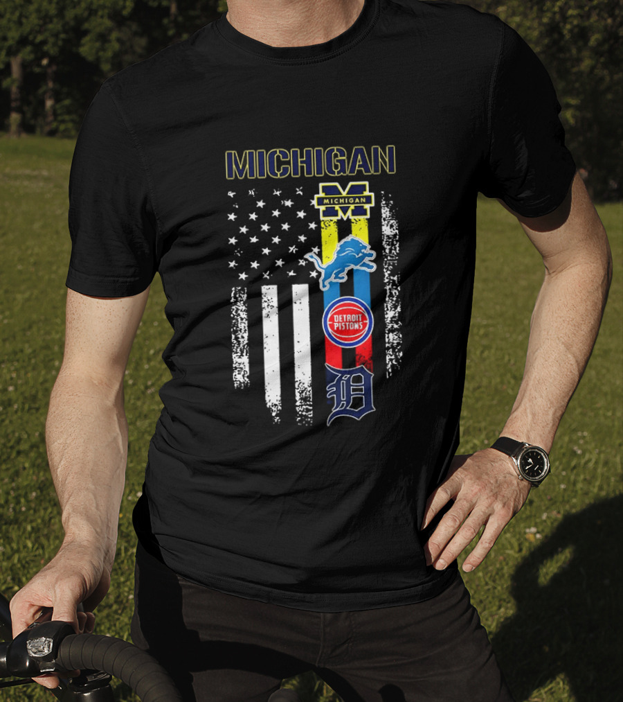 Michigan Wolverines Detroit Lions Pistons Tigers Flag T-Shirt