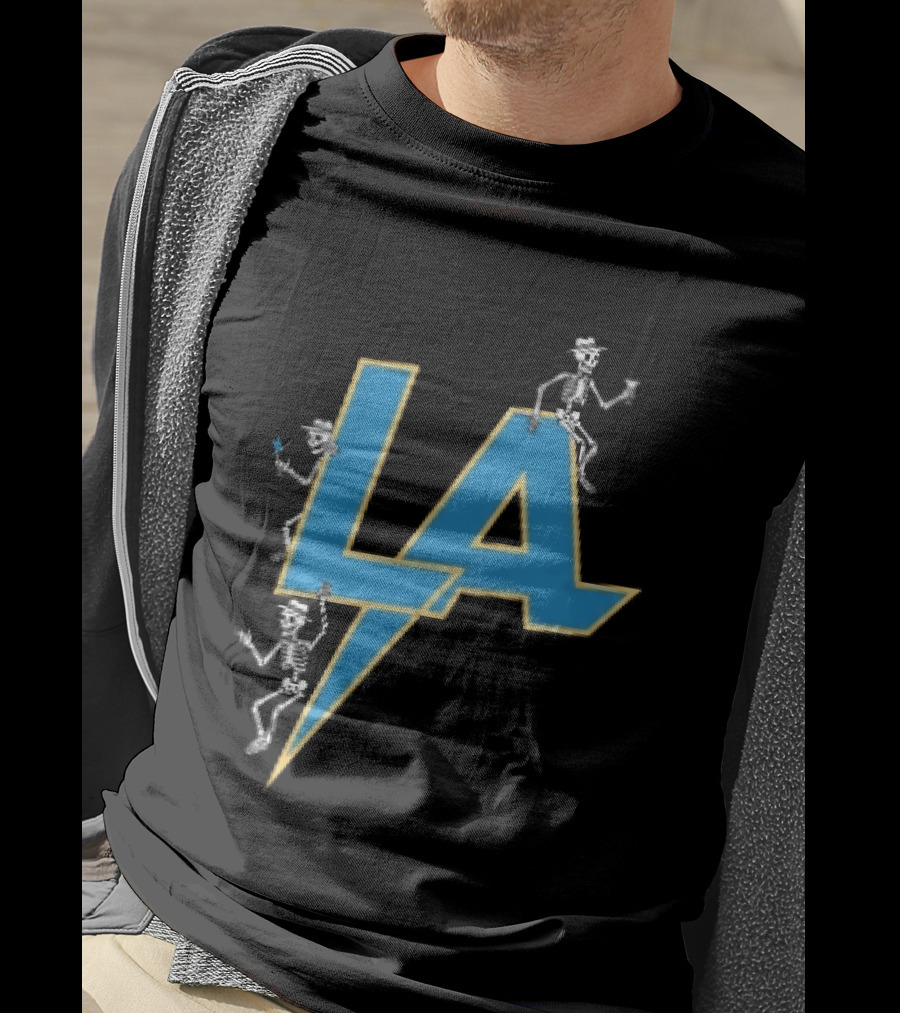 Los Angeles Chargers Skeletons On LA Lettering With Lightning Bolt T-Shirt