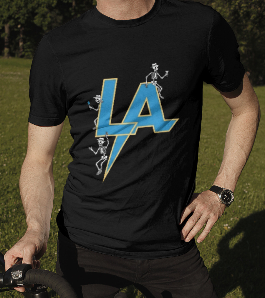 Los Angeles Chargers Skeletons On LA Lettering With Lightning Bolt T-Shirt