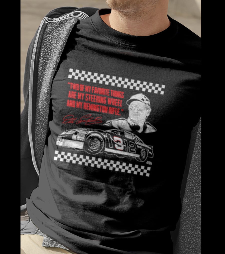 Two Of My Favorite Things Are My Steering Wheel And My Remington Rifle Racing Car 3 Checkered Flag T-Shirt