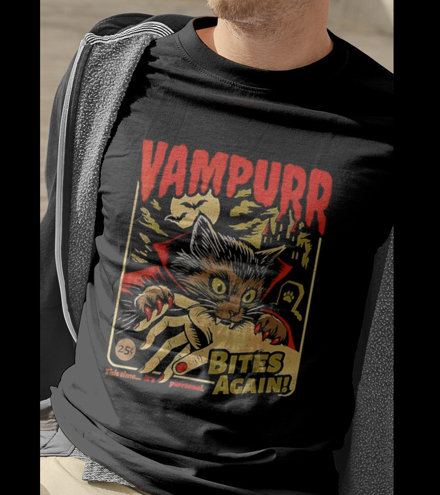 Vampurr Bites Again Vampire Cat Halloween Vintage Spooky Paws T-Shirt