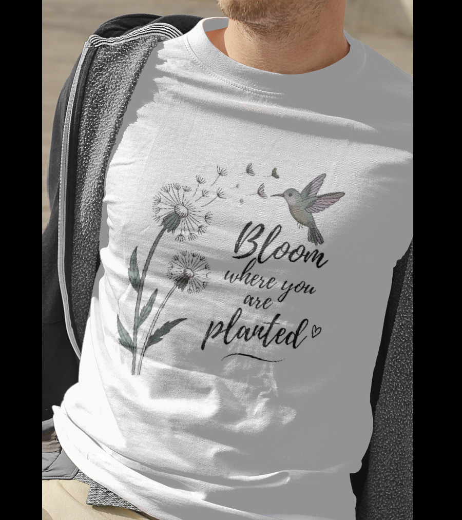 Bloom Where You Are Planted Hummingbird Dandelion Seeds Heart Sketch T-Shirt