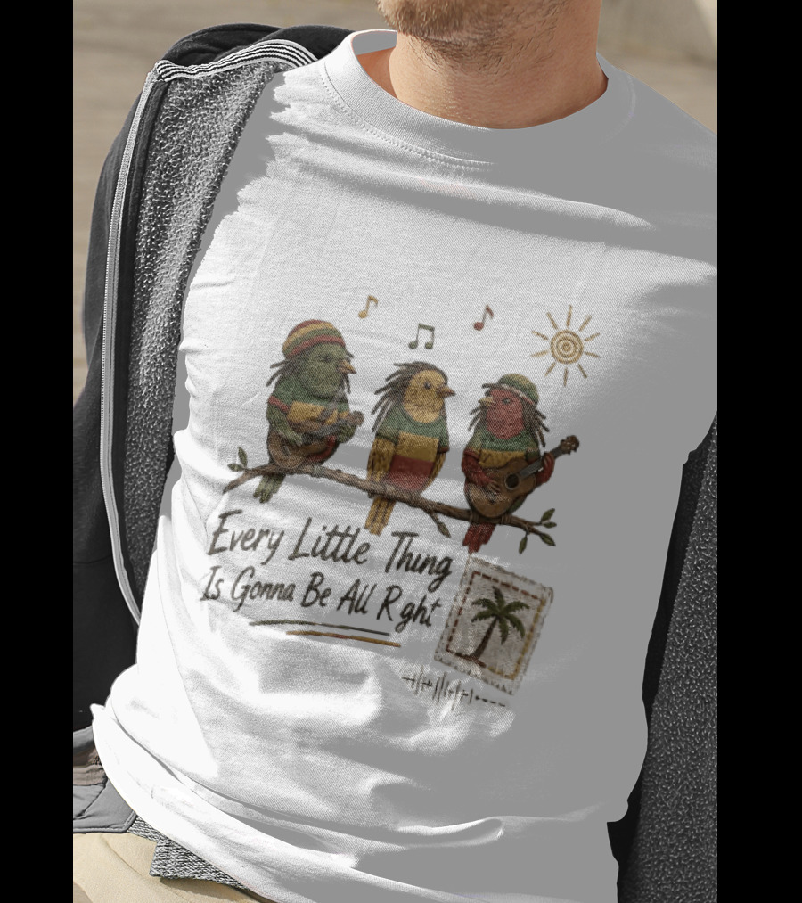 Every Little Thing Is Gonna Be All Right Reggae Birds Guitar Sunshine Palm Stamp Music Notes T-Shirt