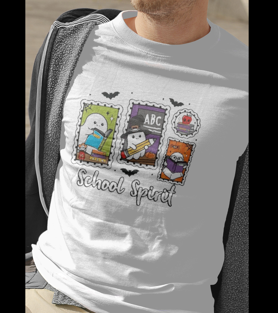School Spirit Ghosts Holding Books Halloween Postage Stamps ABC Bats T-Shirt