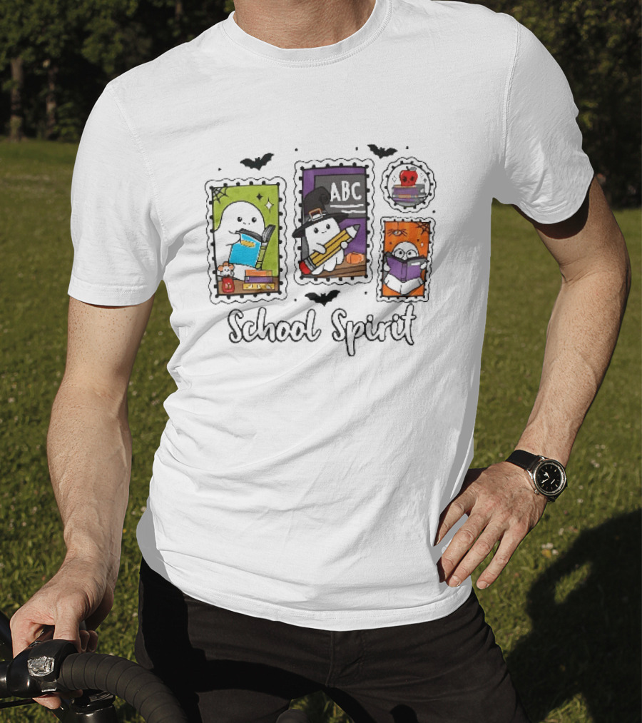 School Spirit Ghosts Holding Books Halloween Postage Stamps ABC Bats T-Shirt