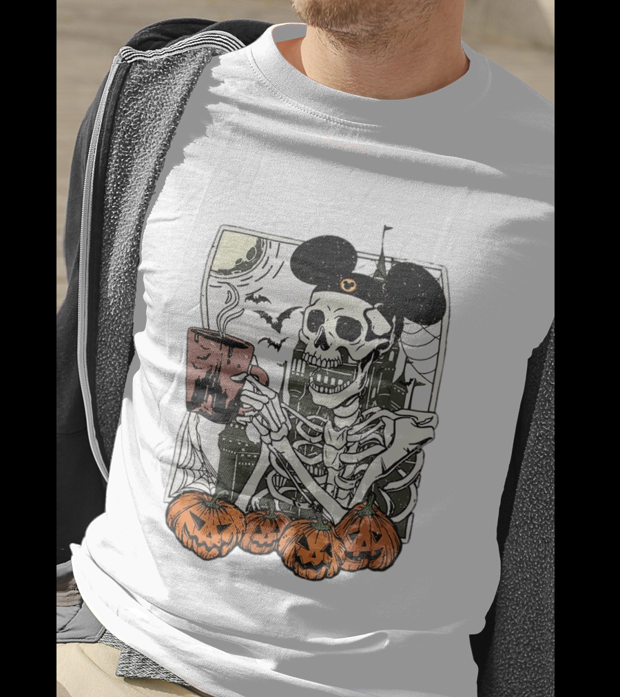 Spooky Skeleton With Coffee Mouse Ears Pumpkins Bats Halloween 2026 T-Shirt