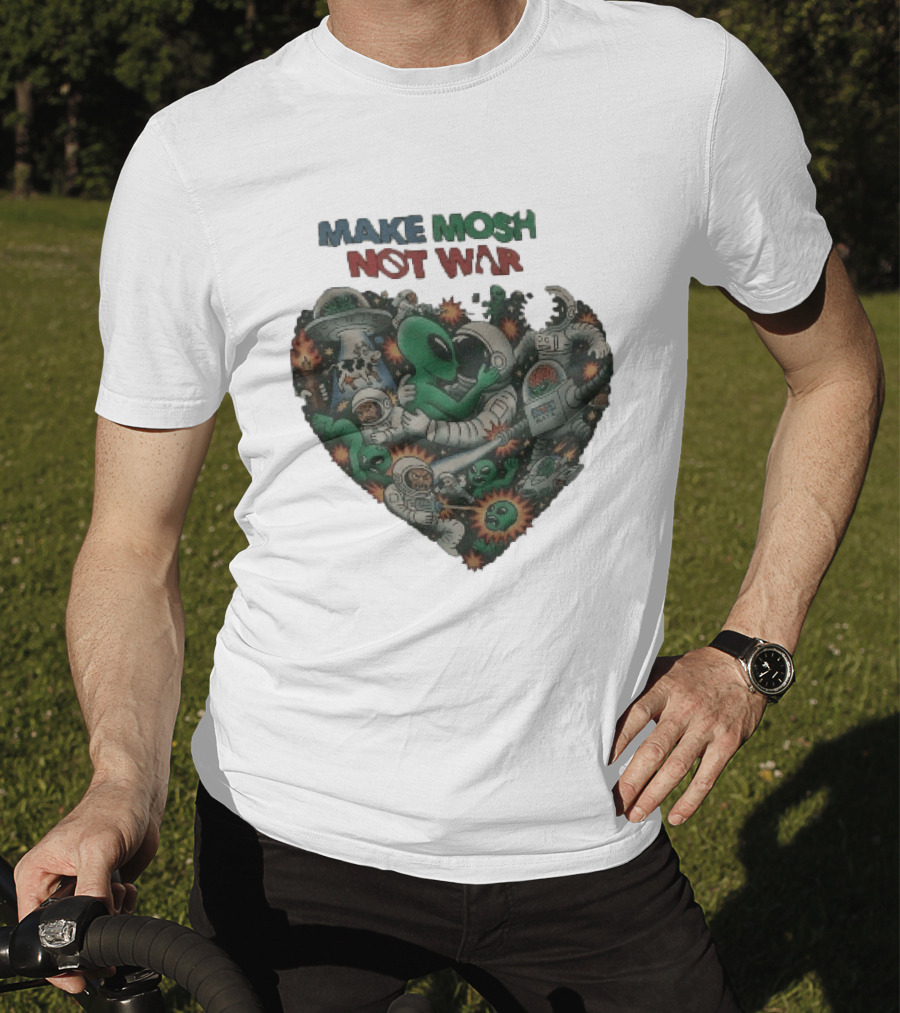 Make Mosh Not War Alien Astronauts Heart Explosion T-Shirt