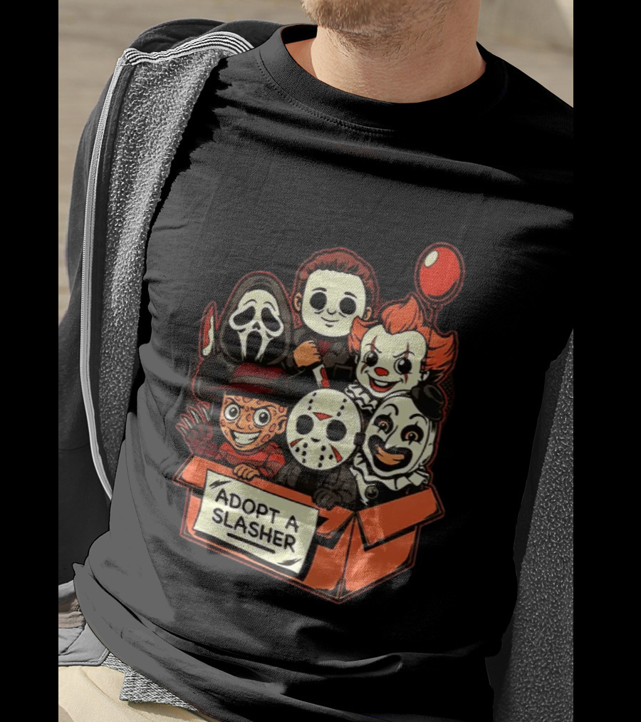 Adopt A Slasher Horror Characters Halloween Box With Iconic Balloon And Masked Monsters T-Shirt