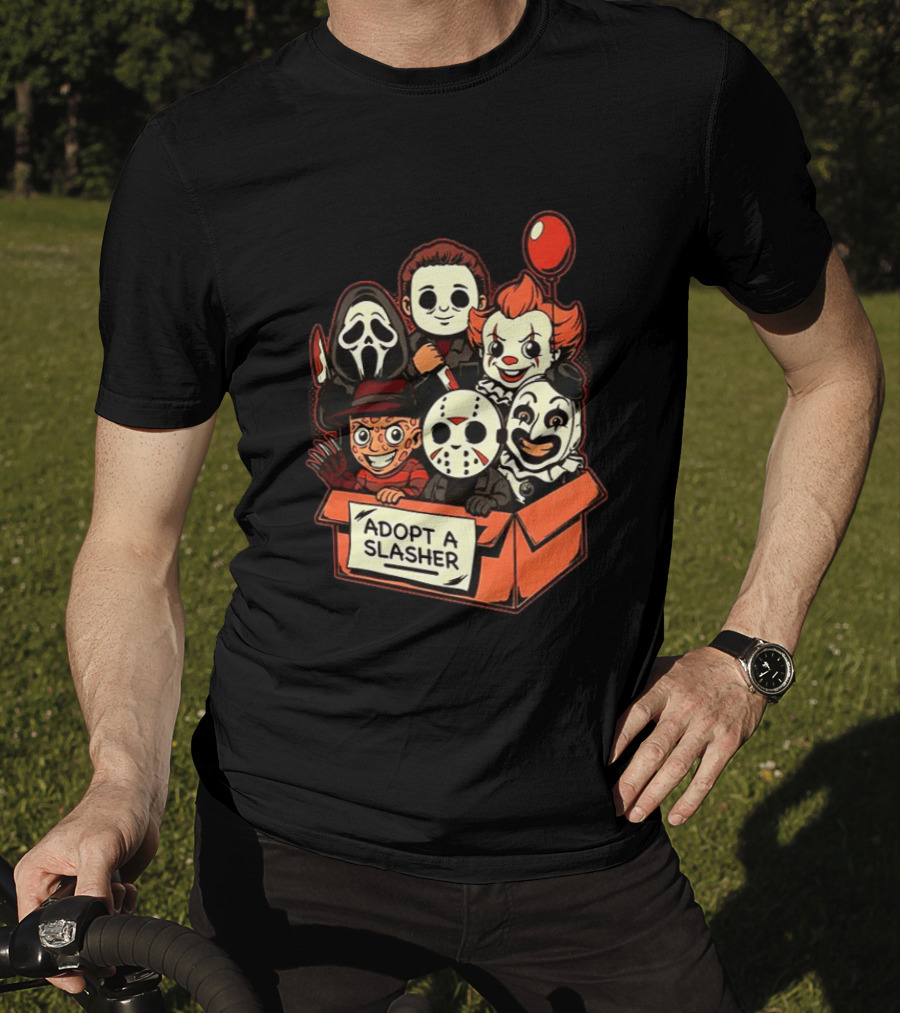 Adopt A Slasher Horror Characters Halloween Box With Iconic Balloon And Masked Monsters T-Shirt