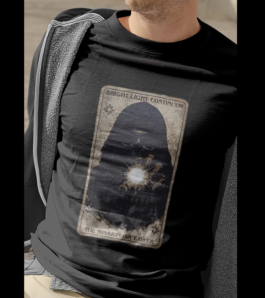 Bright Light Continuum The Mission Isn't Over Skull Holding Light Mysterious Hooded Figure T-Shirt