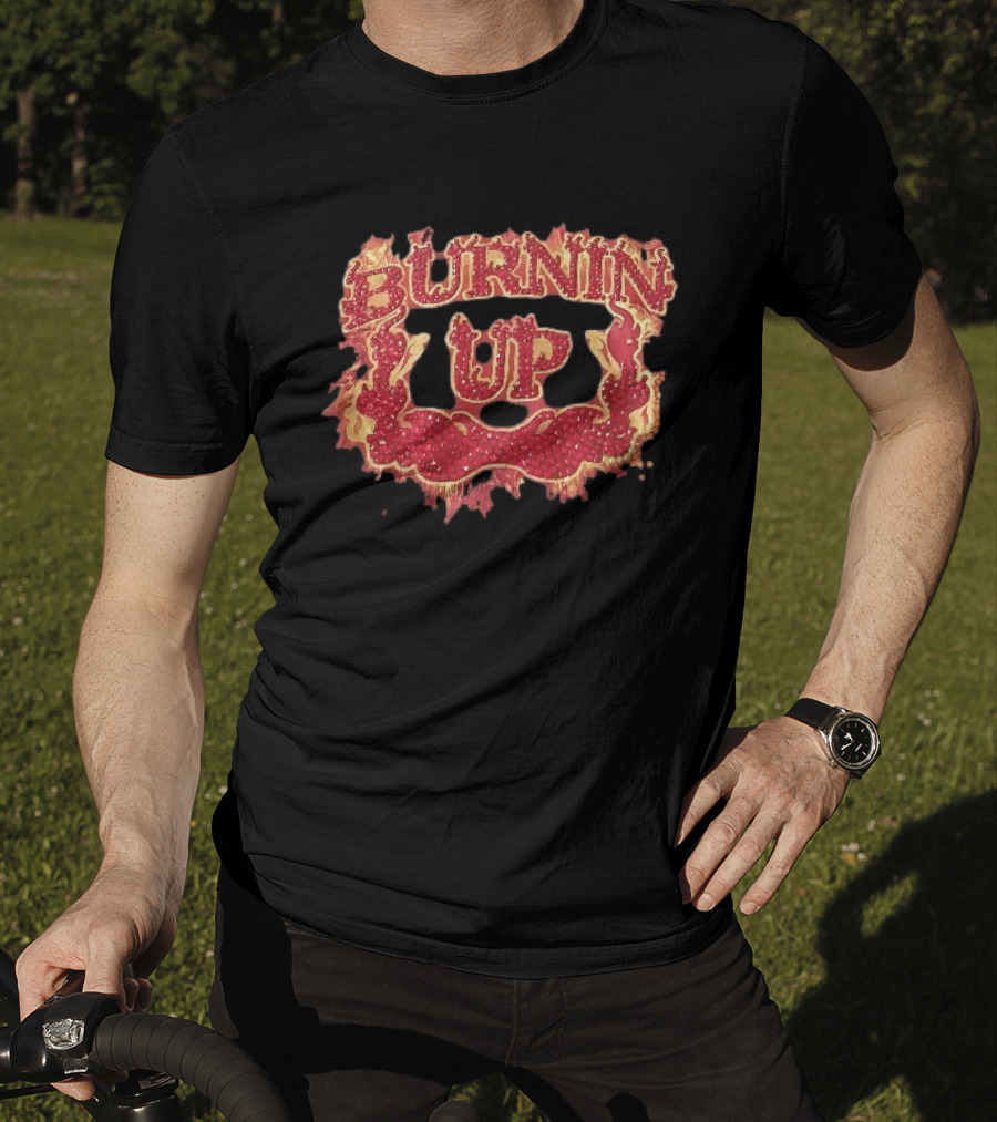 Burnin Up Red Rhinestone Gemstone Lettering Flaming Crest Frame Fiery T-Shirt