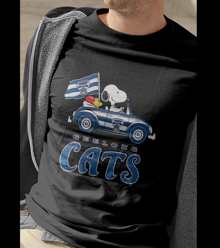Geelong Cats Snoopy Woodstock Driving With Flag T-Shirt