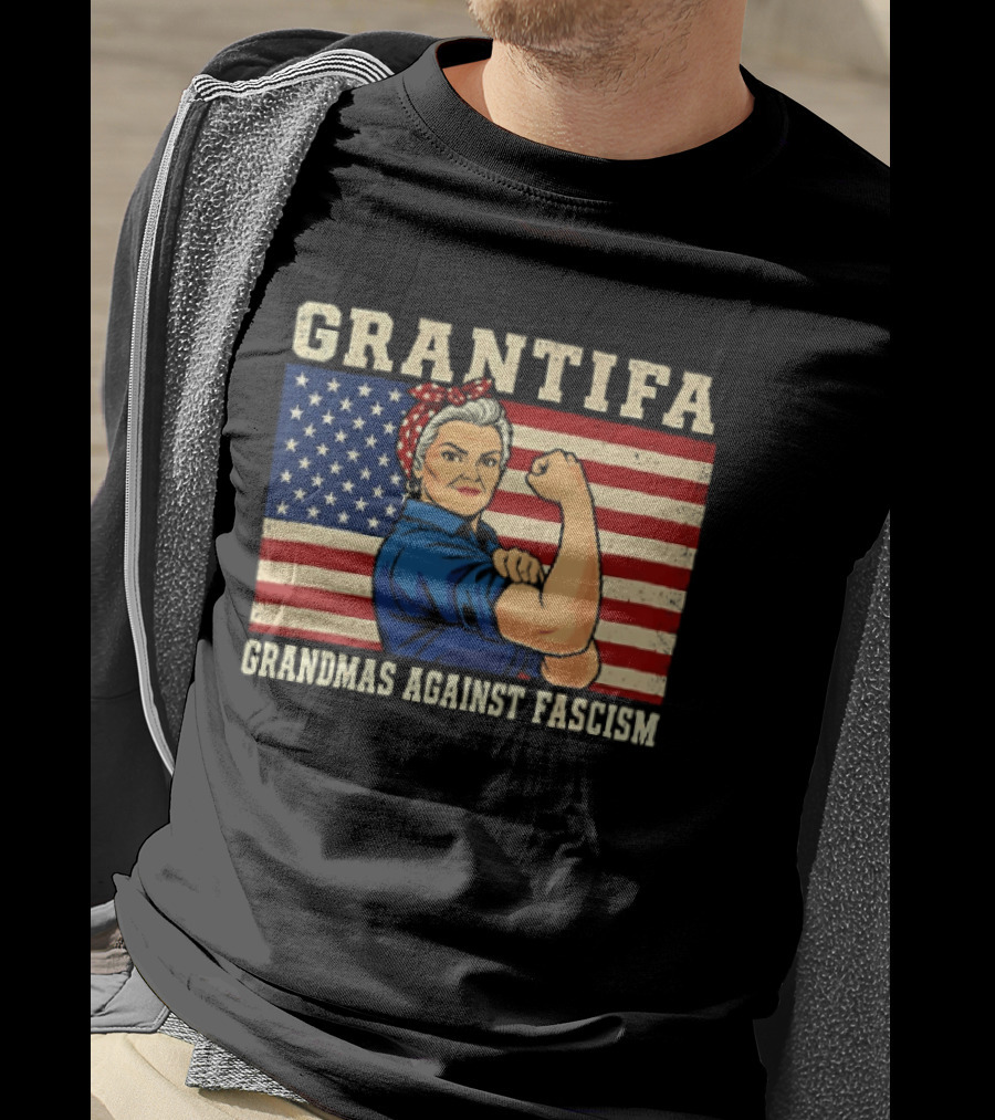 Grantifa Grandmas Against Fascism Rosie Riveter USA Flag T-Shirt