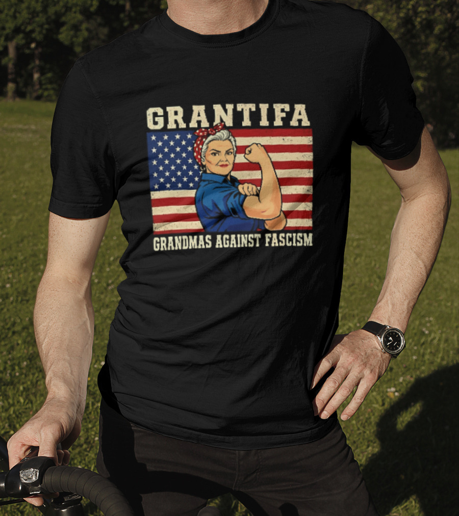 Grantifa Grandmas Against Fascism Rosie Riveter USA Flag T-Shirt